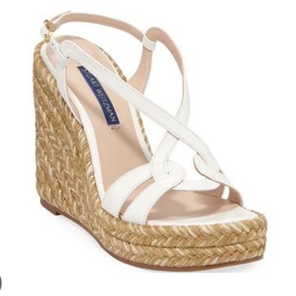Stuart Weitzman Coquille Leather Wedge Espadrille Cream White Tan 9,5 LIKE NEW
